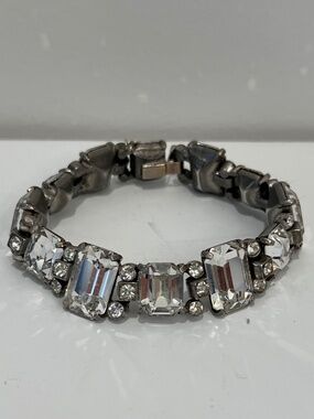 Signed Eisenberg Emerald Cut Rhinestone Tennis Bracelet Rhodium Vintage 1950s